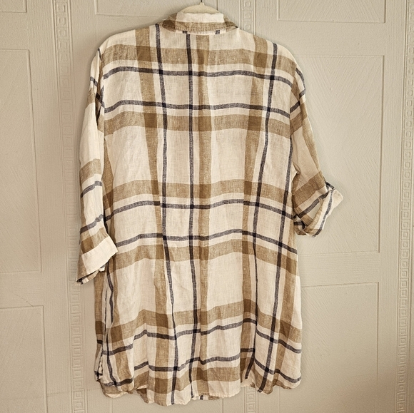 Zanetti Womens Cream Tan Blue Plaid Long Roll Tab Sleeve Linen Blouse Size XXXL - Picture 2 of 12